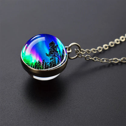 Aurora Borealis Necklaces Polar Light Life Tree Two Sided Pattern Glass Ball Pendant Chains Necklace for Women Men Jewelry Gift