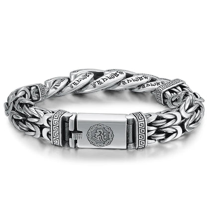 QN Silver Jewelry Men's Bracelet Personality Domineering Six-character Mantra Peace Pattern Chinese Style Retro Chain Accessory