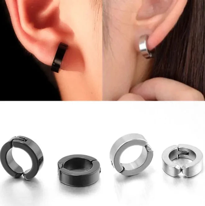 1 pair Ear Clip Non Piercing Earrings Fake Earrings for Men Women Stainless Steel Circle Round Black Blue Punk Rock Jewelry Gift