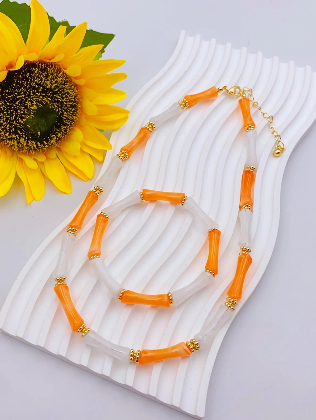 Colorful Handmade Elastic Bracelet and Necklace Set with Bamboo Acrylic Beads, Perfect for Women's Daily Wear jewelry for women