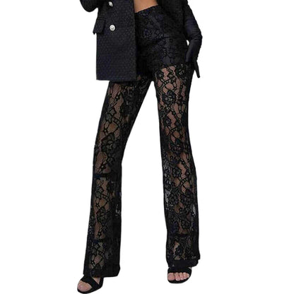 Women's Sexy Hot Girl High Waisted Wide Leg Pants Elastic Waist Lace Spliced Hollow Straight Pants