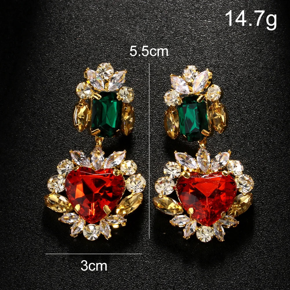 Stonefans Greeen and Red Crystal Heart Dangle Earrings for Women Statement Large Earrings Multicolour Bridal Wedding Ear Jewelry