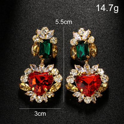 Stonefans Greeen and Red Crystal Heart Dangle Earrings for Women Statement Large Earrings Multicolour Bridal Wedding Ear Jewelry