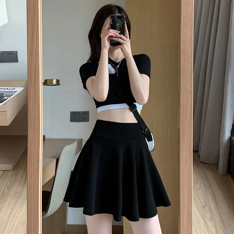 Summer Women's Skirts Fashion Sexy Mini Elastic Pleated Sun Skirts For School Girl Uniform Korean Black High Waist Tennis Skirts