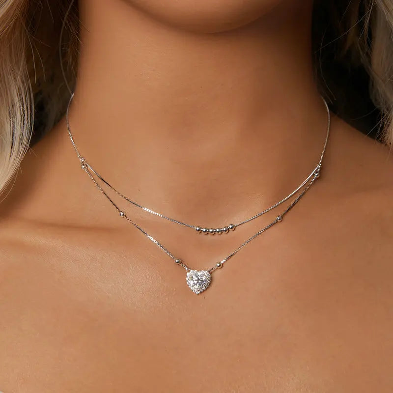 Bamoer U Double-layer 1CT Moissanite Necklace Ajusable Box Chain with Beads Heart Pendant Original For Woman Valentine Gift