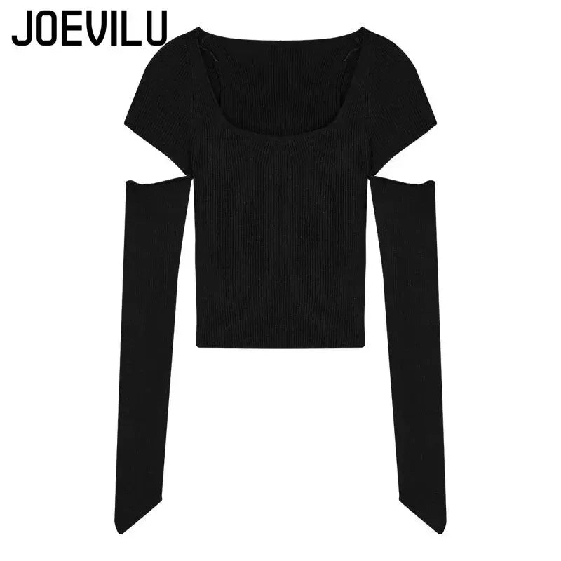 JOEVILU Skinny Pullovers Square Neckline Removable Sleeve Knitting Sweater Korean Fashion Harajuku Jumper Hollow Out Y2k Tops