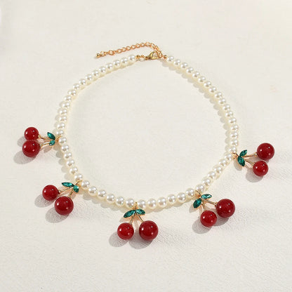 Cute Imitation Pearl Cherry Choker Necklaces for Women Girls Vintage Red Fruit Pendant Necklaces Fashion Jewelry Gifts