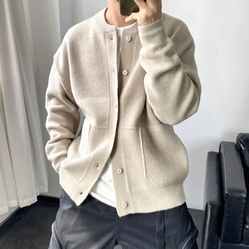 Japanese Style Men's Cardigan Sweater Knitted Top Round Neck Jacket Simple Loose-fit Thickened Casual Pullover Sweater Jacket