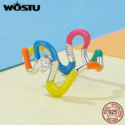 WOSTU Solid 925 Sterling Silver Rainbow Wave Rings For Women Candy-colored irregular Twist Ring Party Jewelry Bithday Gift