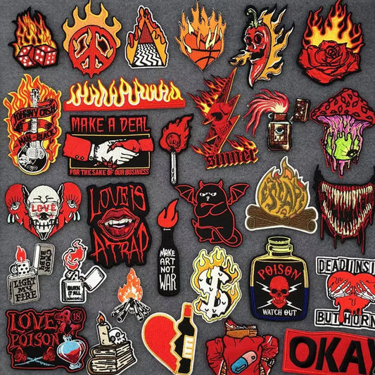 Flame Heart Patch Iron On Patches On Clothes Punk Stickers Embroidered Patches For Clothing Badge DIY