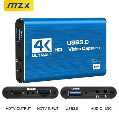 MZX Video Capture Card Box 4K HDMI-Compatible 60Hz 30Hz USB 3.0 1080P 60fps 30fps Live Recorder Grabber Capturer Game Audio Mic