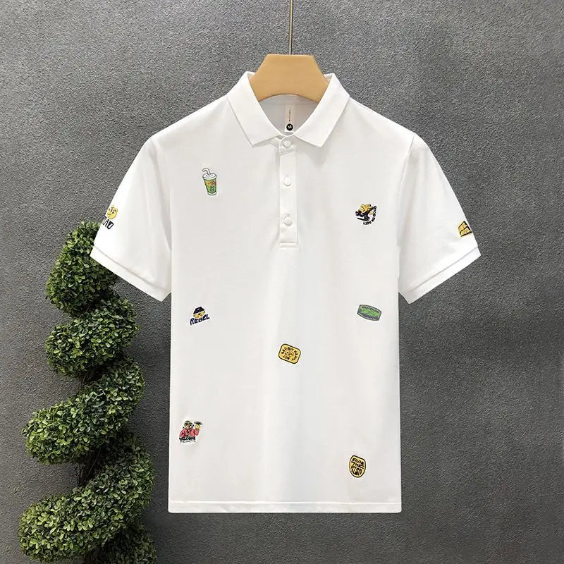 Men's Clothing Patchwork Printing Office Simplicity Man Turn-down Collar Pullovers Short Sleeve Button Business Casual T-Shirts