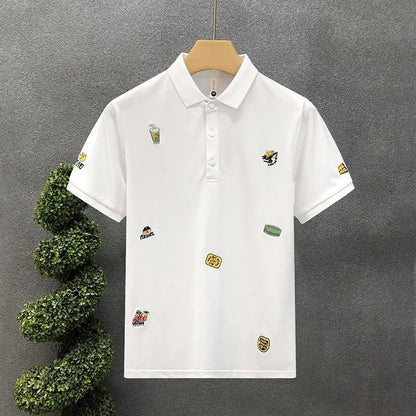 Men's Clothing Patchwork Printing Office Simplicity Man Turn-down Collar Pullovers Short Sleeve Button Business Casual T-Shirts