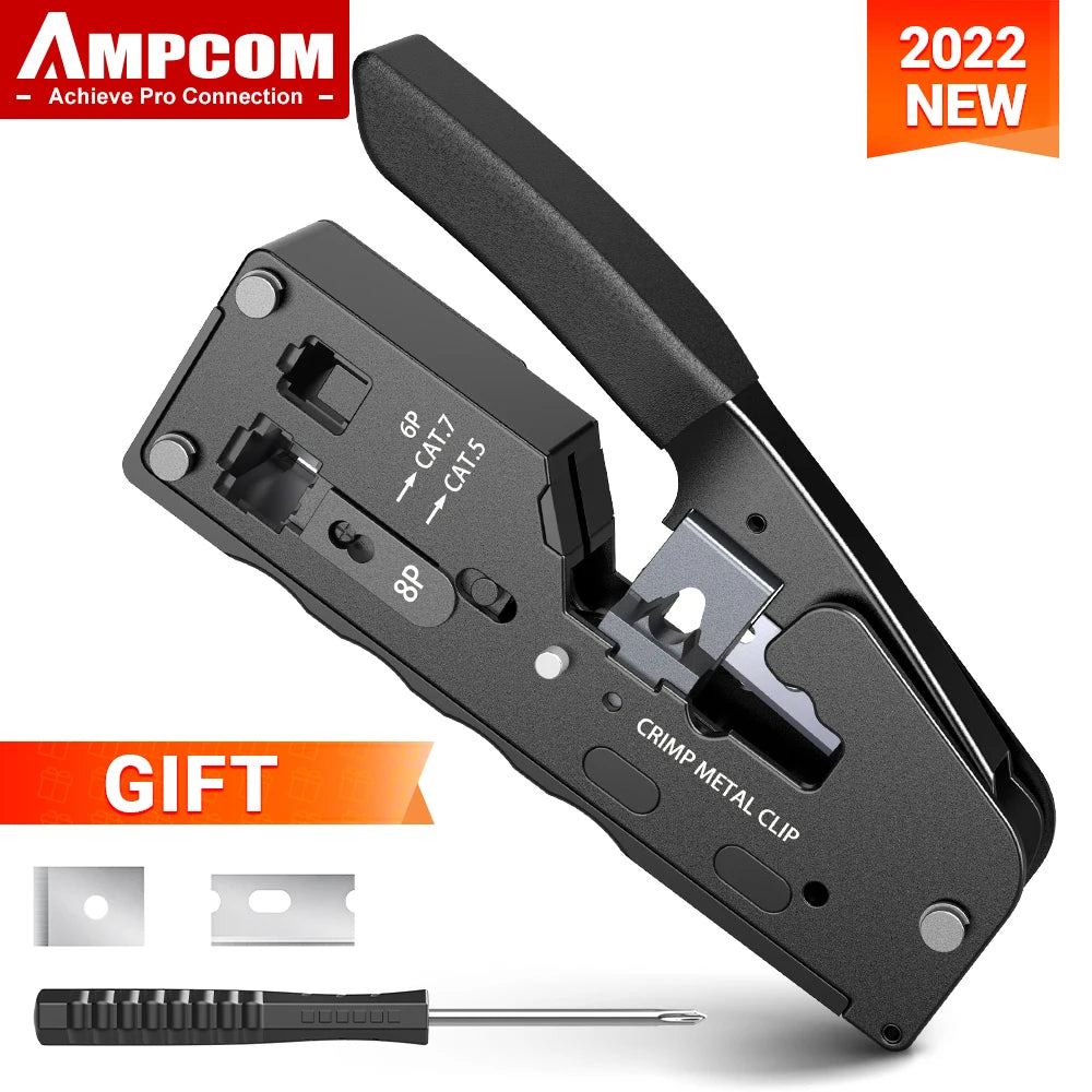 AMPCOM rj45 Crimper CAT7 Crimping Tool for Pass Through RJ11 RJ 45 Connector CAT6 CAT5E Modular Plugs With Wire Stripper Cutter