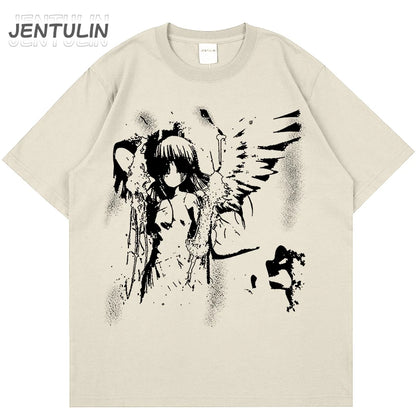 Harajuku Goth Men Japanese Anime Tshirt Cartoon Angel Wings Graphic T-Shirt 2024 Hipster Clothing Cotton Y2K Tops Streetwear Tee