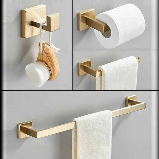 Brushed Gold Hardware Set Bathroom Shelf Towel Bar Rack Robe Hook Toilet Paper Roll Holder Black Bathroom Accessories Sets 4 Pcs