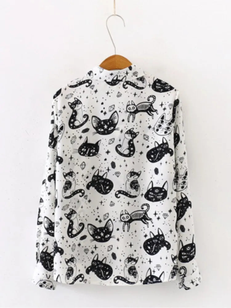 Spring Autumn Women's New Fashion Cat Printed Button Shirt Loose Design Satin Casual Collar Long Sleeve Top For Women