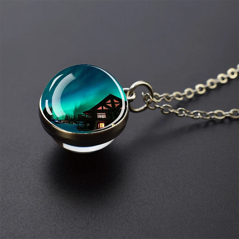 Aurora Borealis Necklaces Polar Light Life Tree Two Sided Pattern Glass Ball Pendant Chains Necklace for Women Men Jewelry Gift