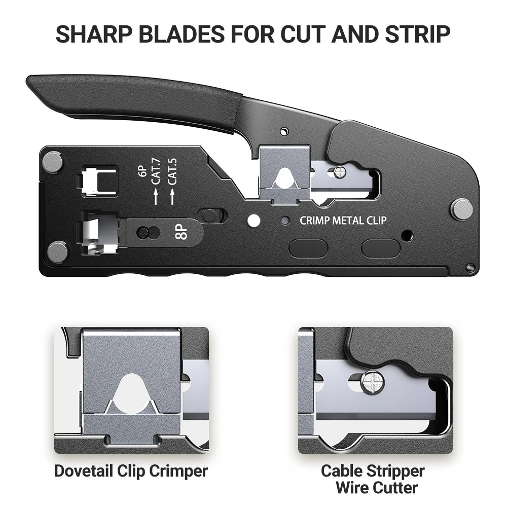 AMPCOM rj45 Crimper CAT7 Crimping Tool for Pass Through RJ11 RJ 45 Connector CAT6 CAT5E Modular Plugs With Wire Stripper Cutter