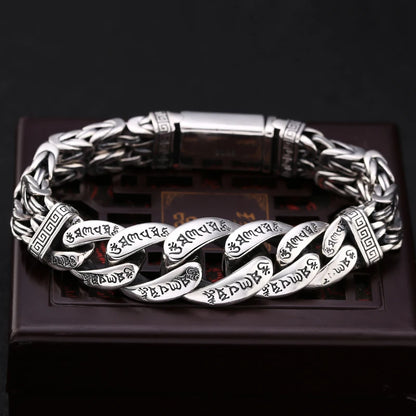 QN Silver Jewelry Men's Bracelet Personality Domineering Six-character Mantra Peace Pattern Chinese Style Retro Chain Accessory