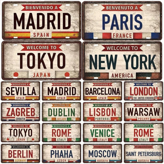 Vintage Berlin Madrid New York Paris Country City Style Plate Metal Aluminum Sign Plaque Man Cave Bar Club Poster Decoration