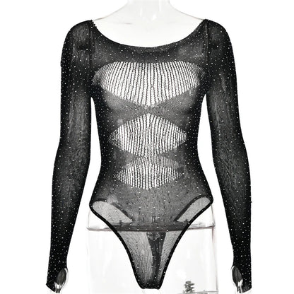 Women's Mesh Lingerie Rhinestone Body Long Sleeve Mesh Bodystockings Sexy Lingerie Black Sparkling Backless Bodycon Bodysuits