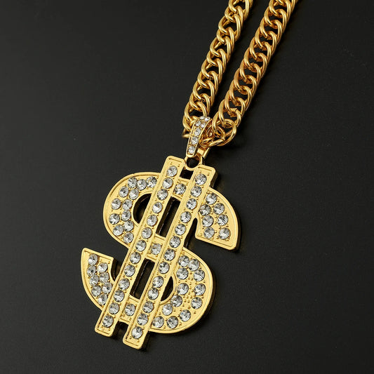 Gold Color Hip Hop Iced Out Crystal Dollar Sign Pendant Necklaces for Men Boys 10mm Width Chunky Chain Party Bar Accessory Gifts