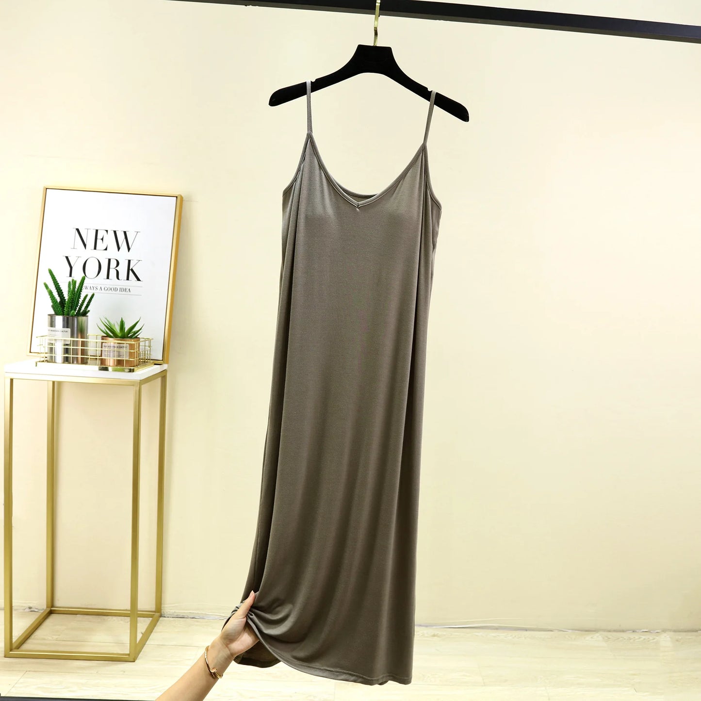 V-Neck Spaghetti Strap Dress Bra Padded Summer women's slipdress Solid color Camisole Homewear dresses Comfortable Sleepdress