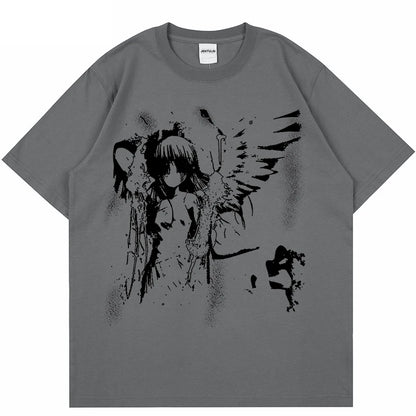 Harajuku Goth Men Japanese Anime Tshirt Cartoon Angel Wings Graphic T-Shirt 2024 Hipster Clothing Cotton Y2K Tops Streetwear Tee