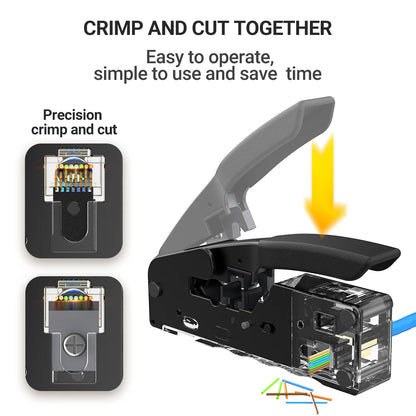 AMPCOM rj45 Crimper CAT7 Crimping Tool for Pass Through RJ11 RJ 45 Connector CAT6 CAT5E Modular Plugs With Wire Stripper Cutter