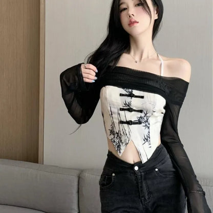 Women Sets Long Sleeve Shawl Floral Camis Halter Vintage Chinese Style Cropped Tops Graceful High Street All-match Y2k Clothes