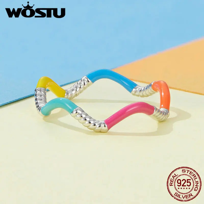 WOSTU Solid 925 Sterling Silver Rainbow Wave Rings For Women Candy-colored irregular Twist Ring Party Jewelry Bithday Gift