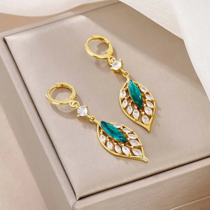 2024 New Fashion Green Crystal Leaf Pendant Earrings for Women Exquisite Cubic Zircon Tassel Earrings Wedding Jewelry Gifts