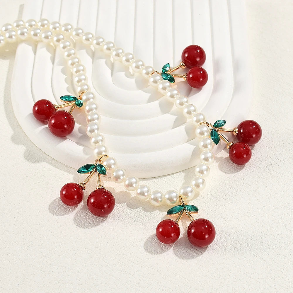 Cute Imitation Pearl Cherry Choker Necklaces for Women Girls Vintage Red Fruit Pendant Necklaces Fashion Jewelry Gifts