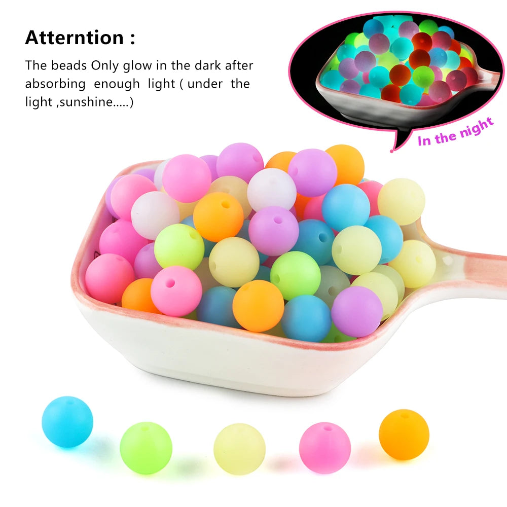 50Pcs Glow In The Dark Silicone Beads Round 12/15MM Luminous Silicone Lentil Bead For Jewelry Making DIY Bracelet Necklace