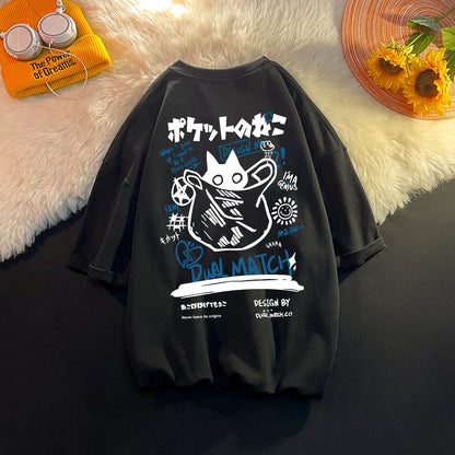 Male Female Cartoon T-Shirts 2024 Summer Harajuku Kawaii Cat Printed Short Sleeves Tees Couple Streetwear Loose Clothes Y2K Tops