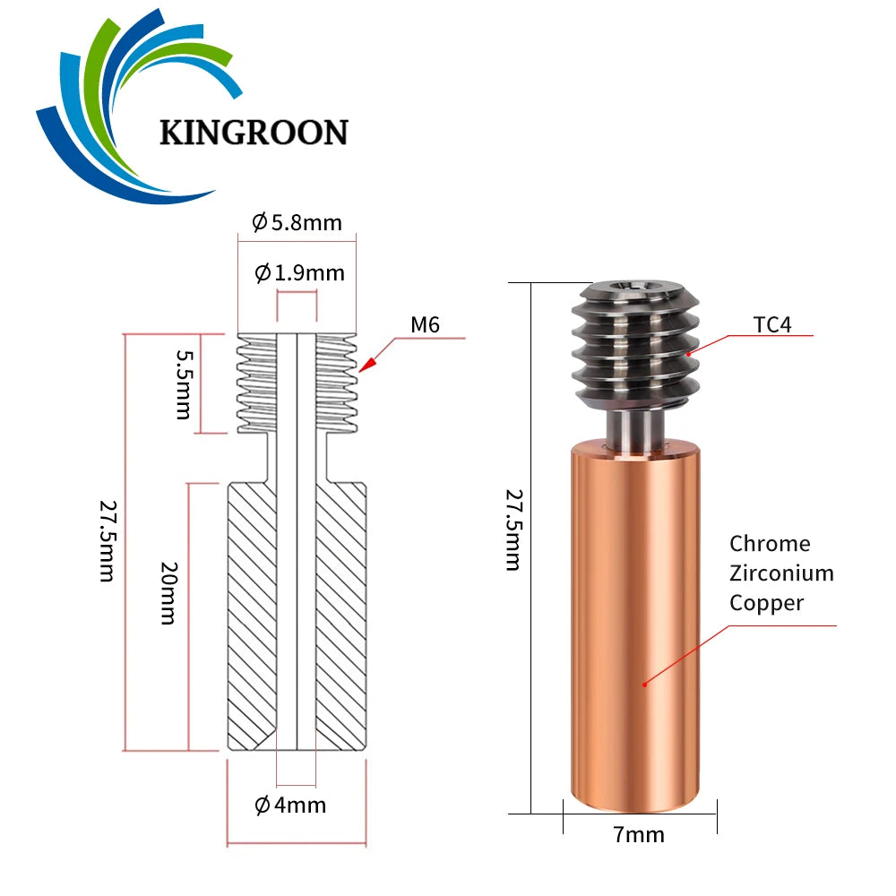 KINGROON CR10 Heated Block Aluminum Brass Plated Copper Extruder Hotend Bi-Metal Heatbreak Throat for Ender 3 3D Printer Parts