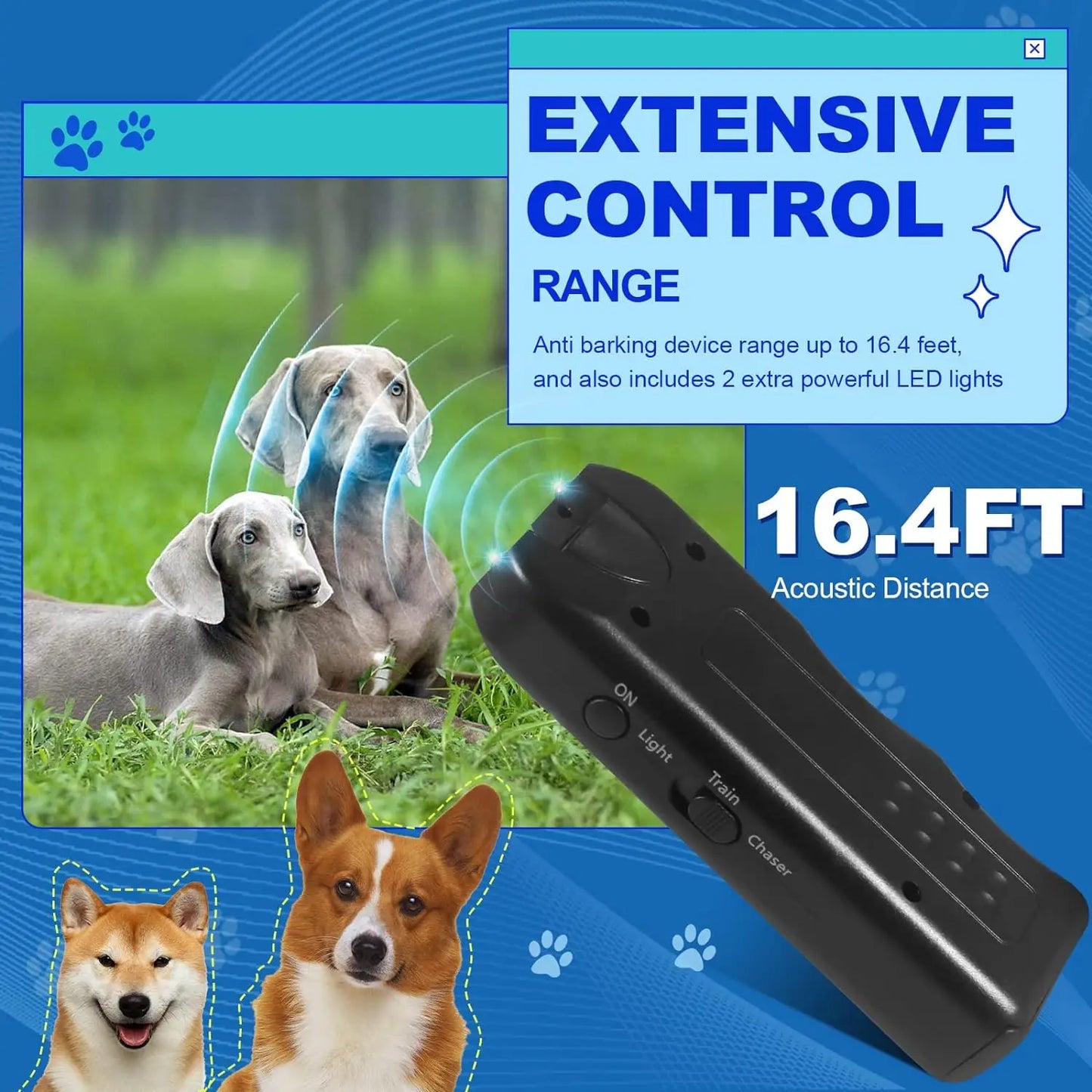 Dog Ultrasonic Repeller Pet Training Device Outdoor Deterrent Chaser Portable Anti-barking Device with LED to Repel Cats & Dogs