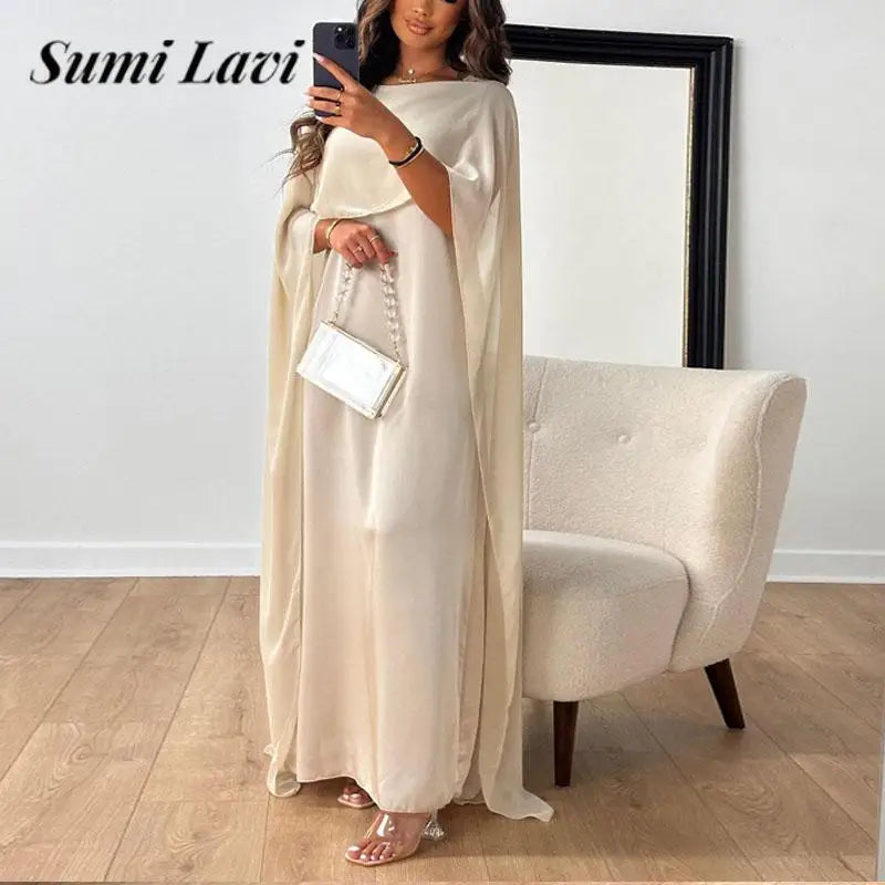 New Elegant Women Big Hem Long Dress Casual O Neck Solid Color Chiffon Loose Dress Muslim Ladies Shawl Sleeve Evening Dress Robe