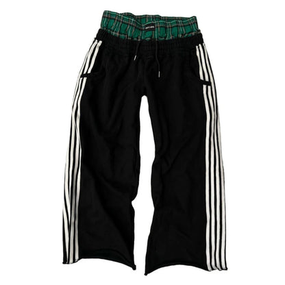 Y2K Casual Sweatpants Double Waist Checkered Camouflage Striped Side Splicing Wide Leg Pants American Style Trendy Streetwear