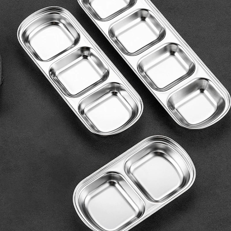 Stainless Steel Divided Dip Bowls Sauce Plate Seasoning Dipping Condiment Tray for BBQ Vinegar Spice Ketchup Salt Sugar Flavor