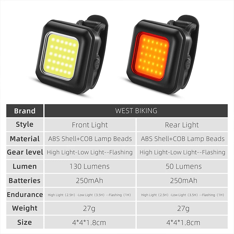 WEST BIKING Bicycle Front Rear Light COB Lamp Beads IPx45 Waterproof Charging Cycling Taillight LED Lantern Bike Accessories