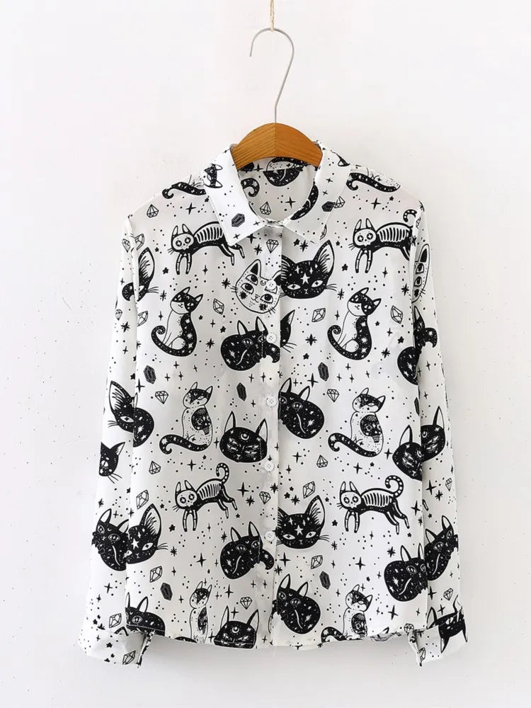 Spring Autumn Women's New Fashion Cat Printed Button Shirt Loose Design Satin Casual Collar Long Sleeve Top For Women