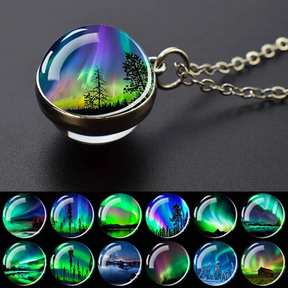 Aurora Borealis Necklaces Polar Light Life Tree Two Sided Pattern Glass Ball Pendant Chains Necklace for Women Men Jewelry Gift