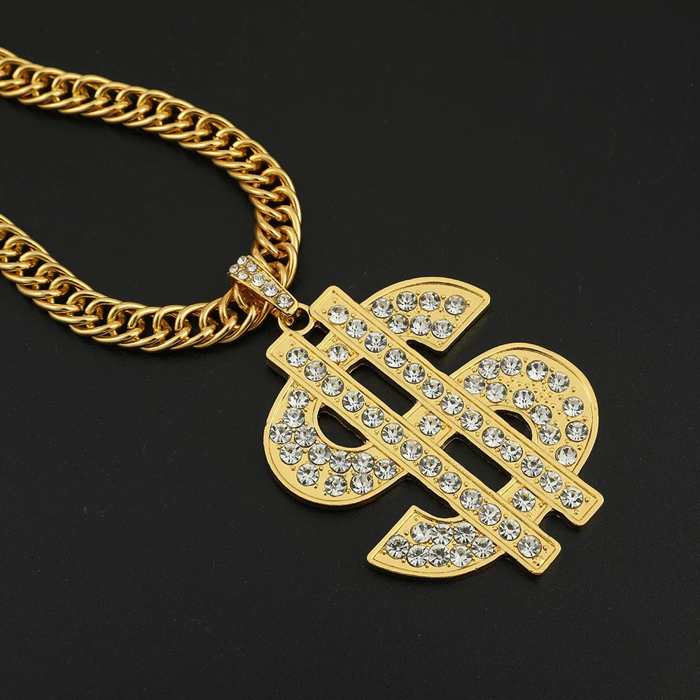 Gold Color Hip Hop Iced Out Crystal Dollar Sign Pendant Necklaces for Men Boys 10mm Width Chunky Chain Party Bar Accessory Gifts