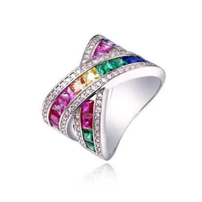 2024 New Fashion Colorful Cubic Zirconia Ring for Women Elegant Bridal Wedding Jewelry Band Cross Geometric Crystal Rings Gifts