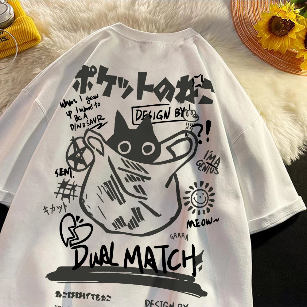 Male Female Cartoon T-Shirts 2024 Summer Harajuku Kawaii Cat Printed Short Sleeves Tees Couple Streetwear Loose Clothes Y2K Tops