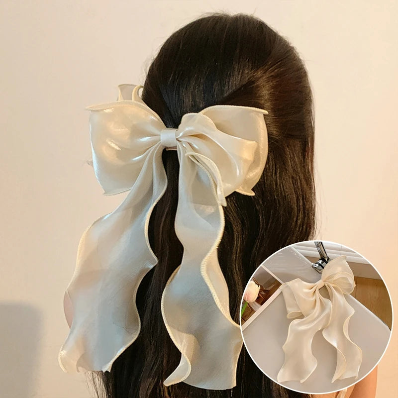 Sweet Chiffon Bow Hair Clips Girls Blue Shining Satin Bowknot Hair Clips Ribbon Bow Barrette Hairpin Grip Ponytail Clip Headwear