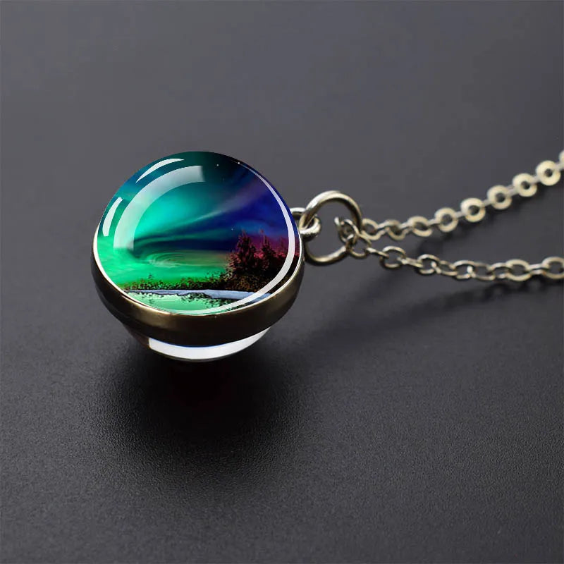 Aurora Borealis Necklaces Polar Light Life Tree Two Sided Pattern Glass Ball Pendant Chains Necklace for Women Men Jewelry Gift