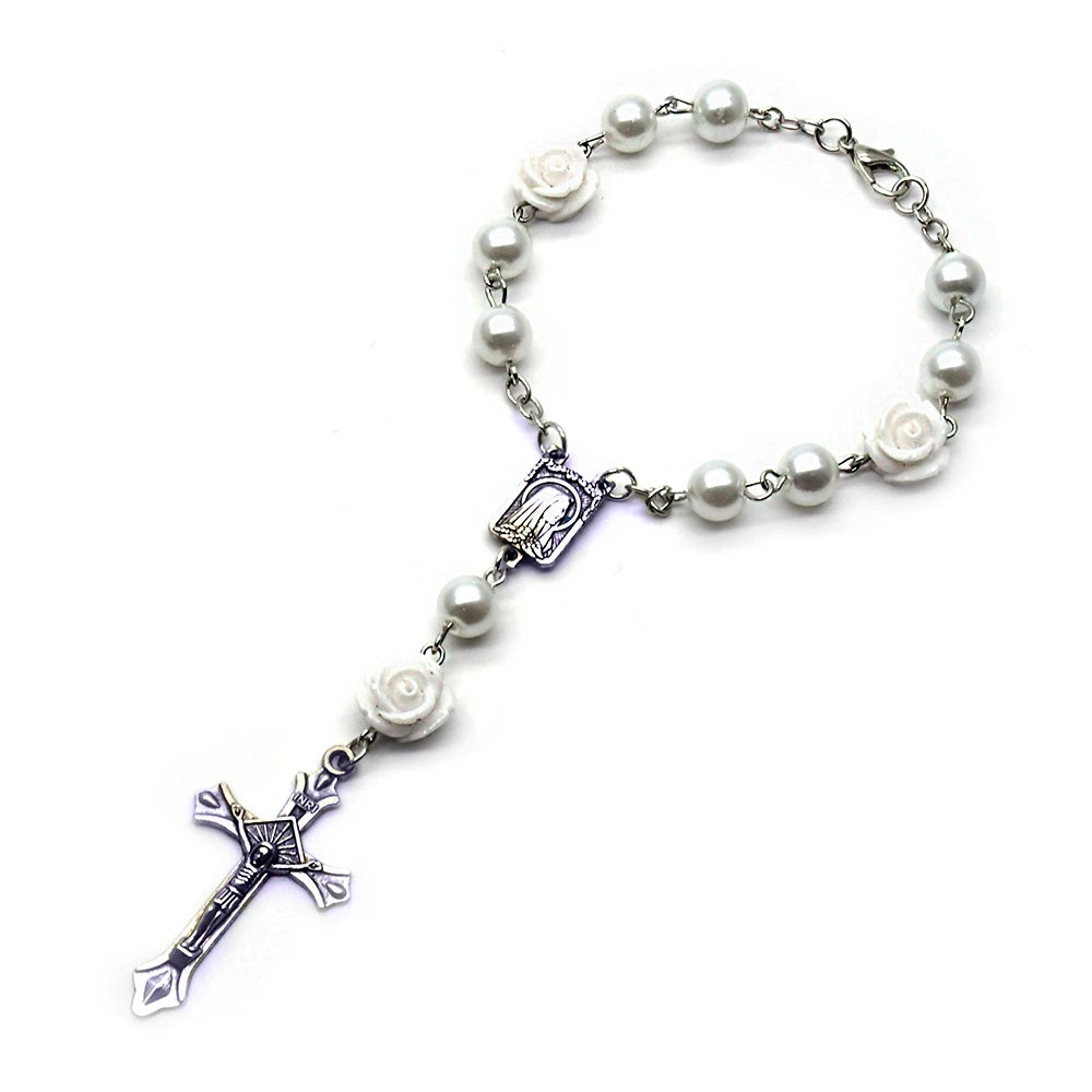 QIGO Glass Pearl Rosary Bracelets Resin Rose Flower Cross Religous Jewelry